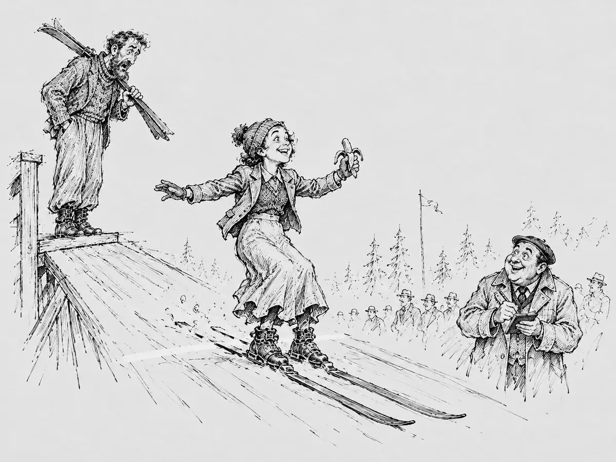 Tegning av en smilende jente i strikkelue og skjørt som lander på ski i en trebakke med armene ut og en halv banan i hånda. Øverst står den skjeggete hopperen og stirrer målløs, og til høyre noterer en fornøyd mann i frakk og sixpence. Tilskuere i bakgrunnen.