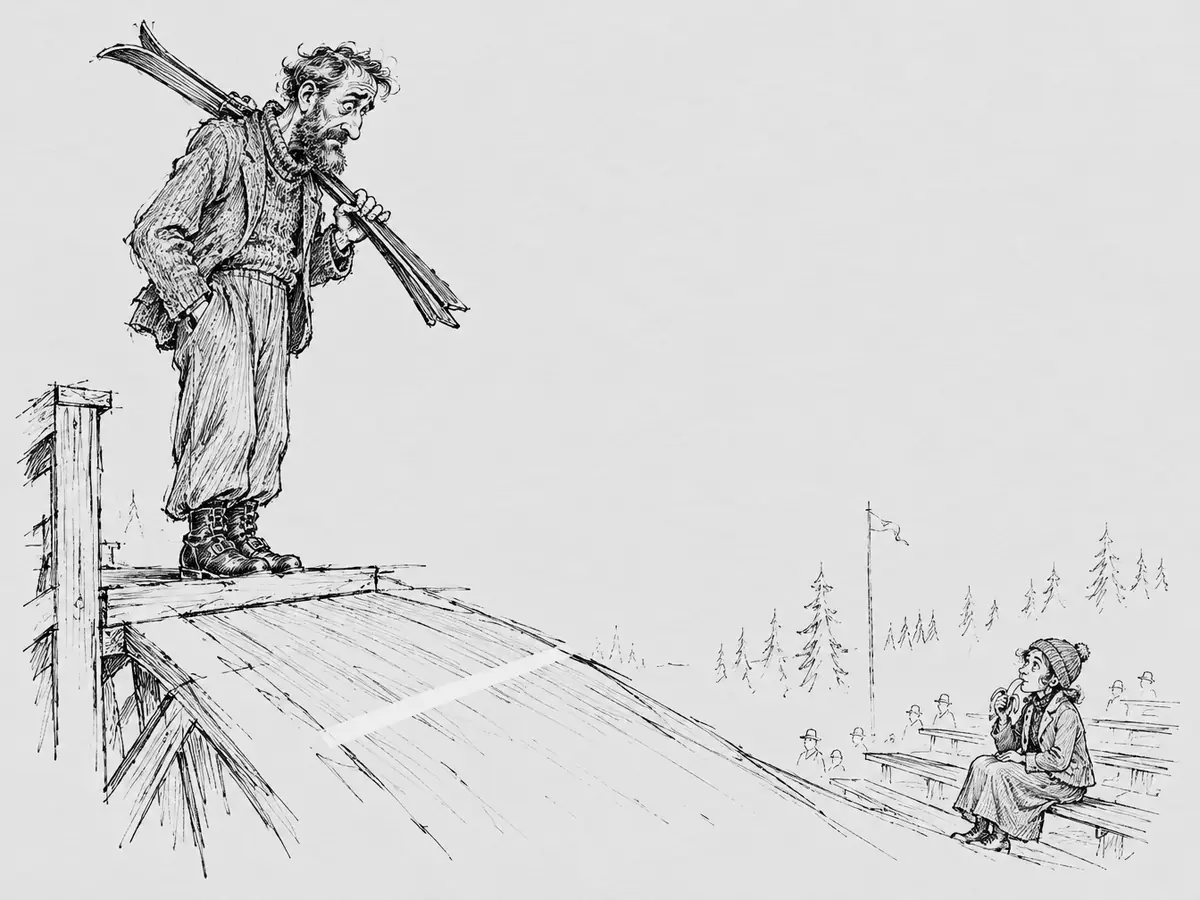 Tegning av en skjeggete, krøllete skihopper i strikkegenser og knickers som står på toppen av en liten trehoppbakke med skiene på skulderen og ser bekymret ned på en hvit strek like etter hoppkanten. Nede til høyre sitter en jente i strikkelue på en benk og spiser banan; noen få tilskuere skimtes langt bak.