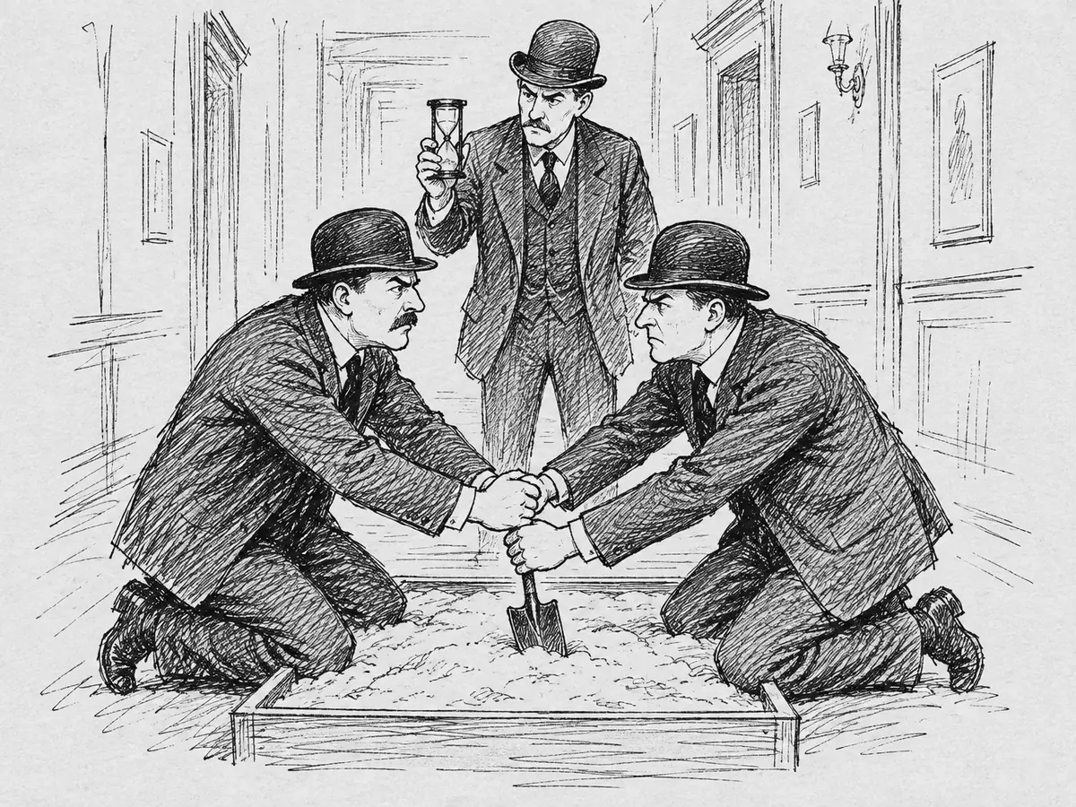 To menn i dress og bowlerhatt kneler i en sandkasse og holder i den samme spaden, mens en tredje mann står bak og holder opp et timeglass.