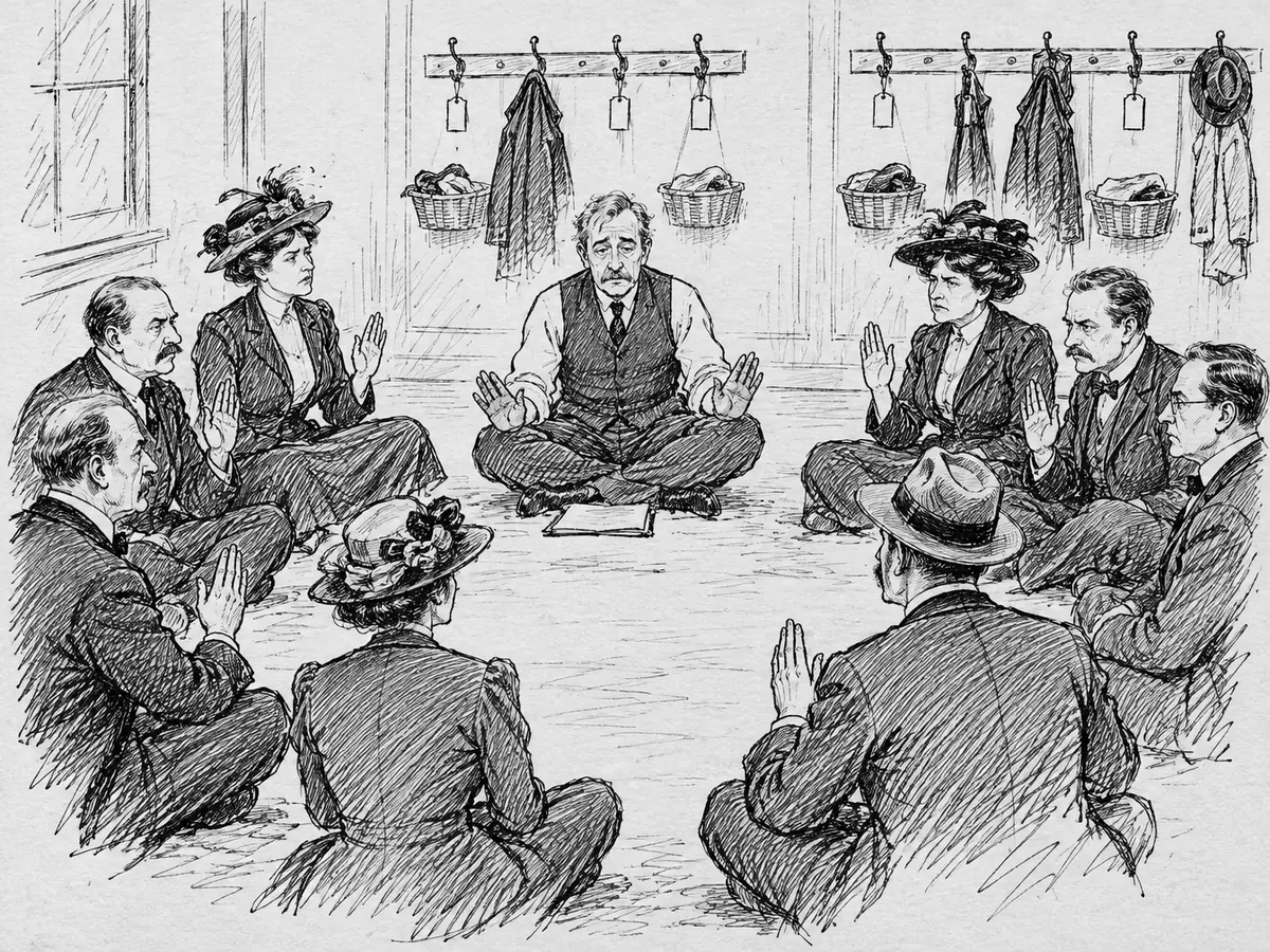Menn og kvinner i dress og hatt sitter i ring på gulvet med hånda i været, mens en mekler i vest sitter i skredderstilling midt i ringen. Langs veggen henger knagger med navnelapper og kurver med skiftetøy.