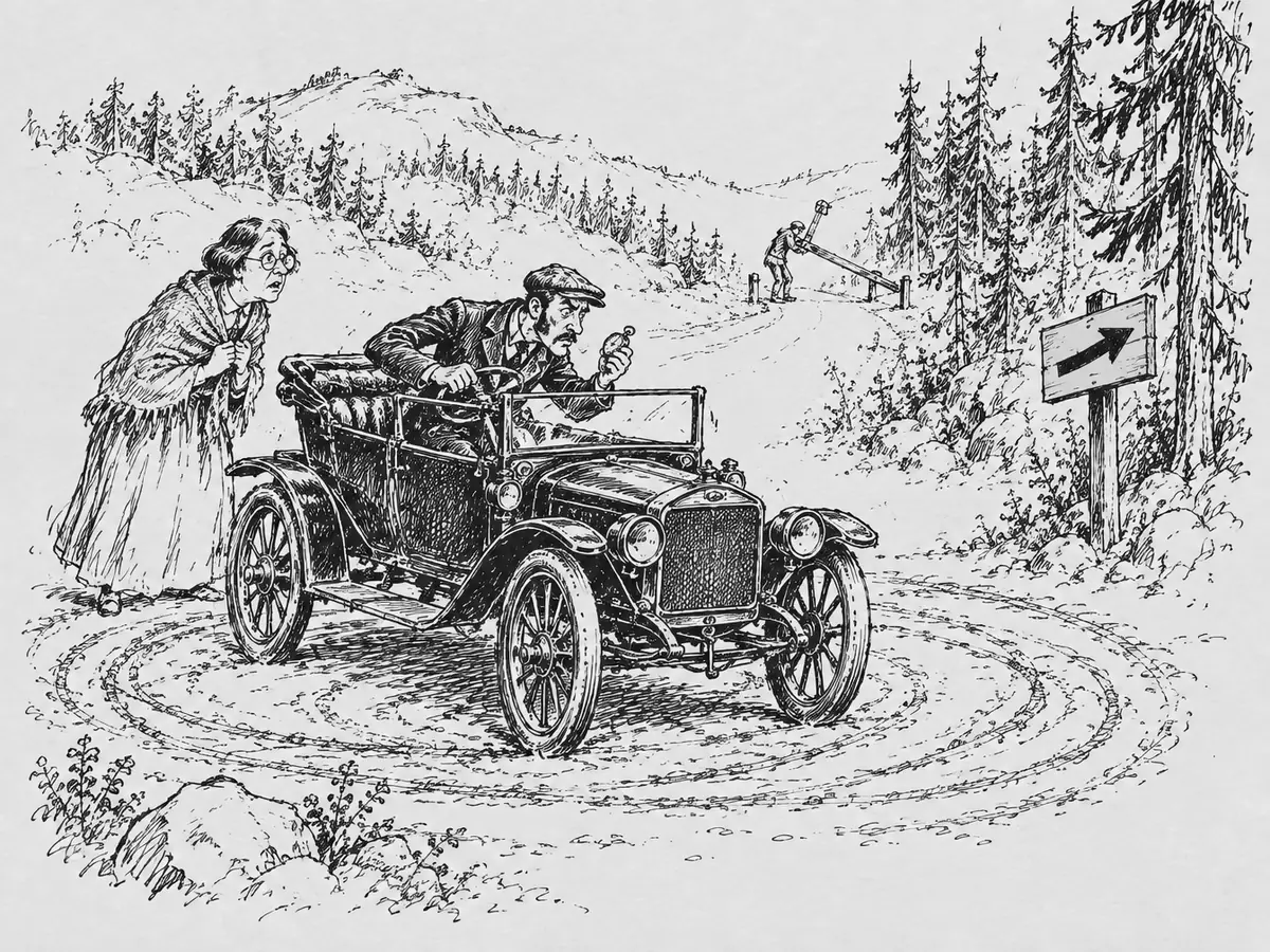 Desenho de um carro antigo rodando em círculos numa estrada de terra na floresta, cercado de marcas de pneu. O motorista se inclina e olha um relógio de bolso, enquanto uma mulher de xale observa preocupada. Na beira da estrada há uma placa com uma seta, e ao longe um trabalhador levanta uma cancela.