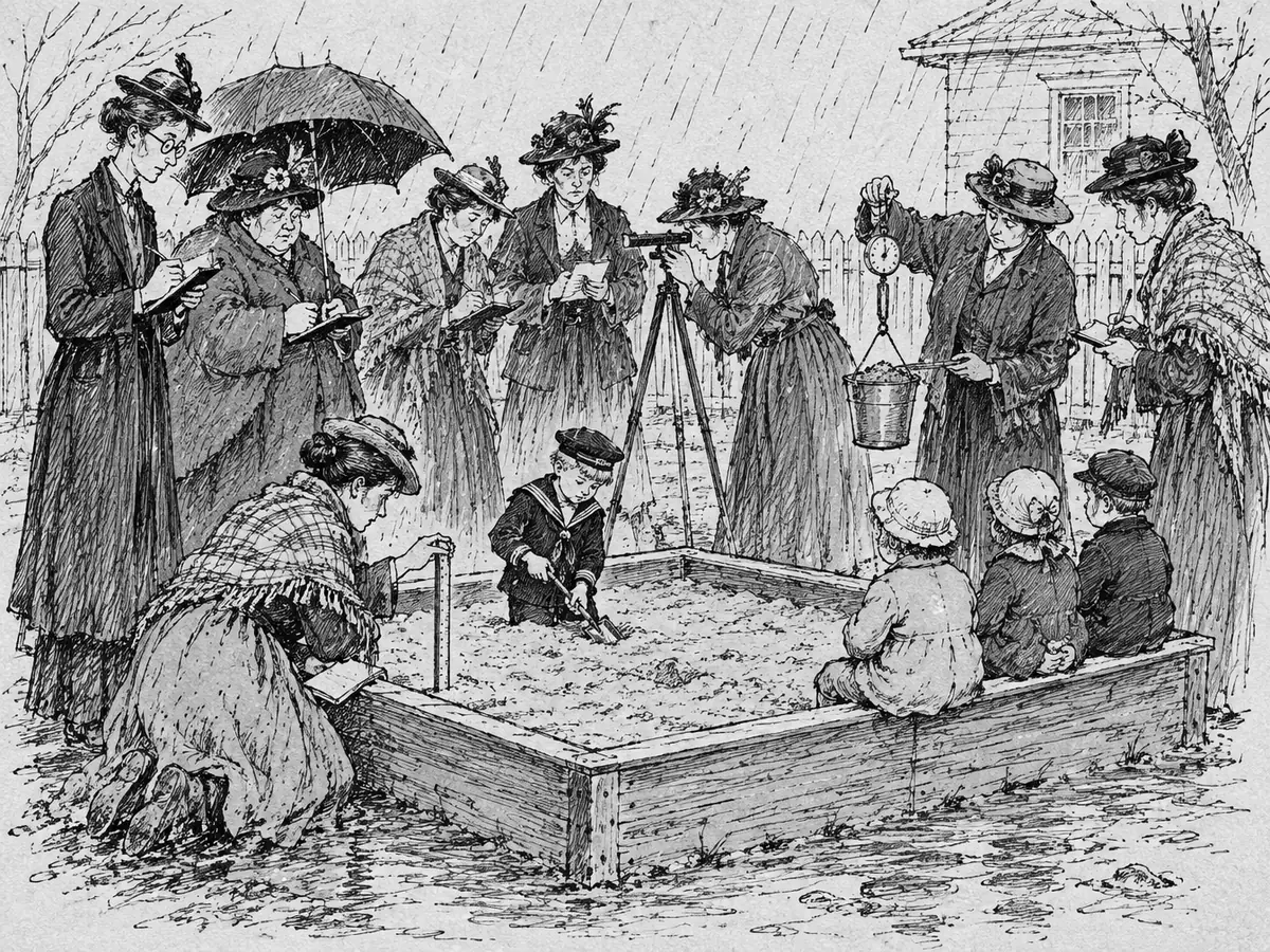 Desenho de uma caixa de areia na chuva, com oito funcionárias de creche em volta segurando cadernos, régua, uma luneta num tripé e um balde numa balança, enquanto um menino de roupa de marinheiro cava no meio e três crianças pequenas esperam sentadas na borda.