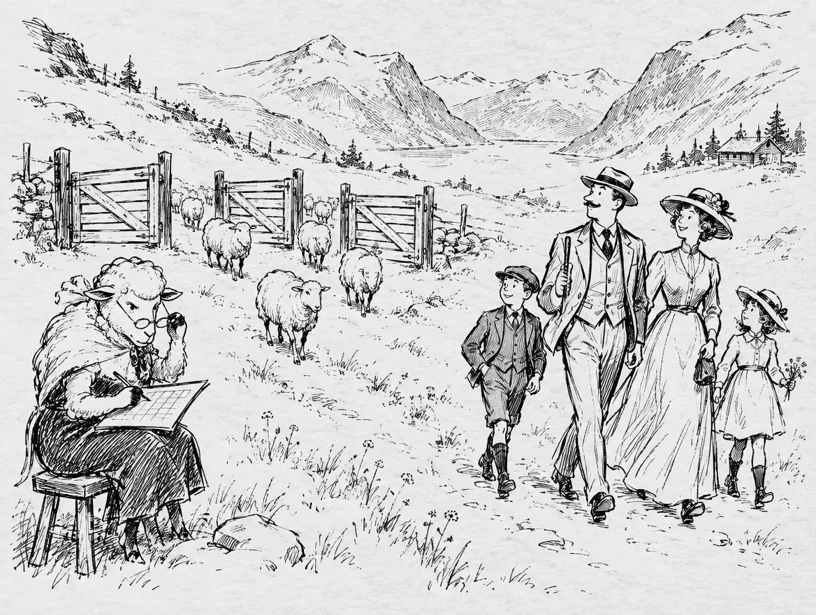 En velkledd familie spaserer gjennom en fjellbeite og etterlater tre åpne grinder, mens en sau på melkekrakk noterer på et poengkort