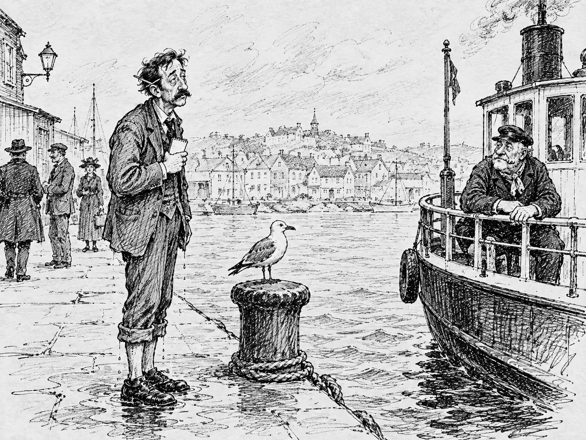Tegning av en sliten reporter med oppbrettede bukser og drivvåte sko som står på en kai med notatblokk og ser på en liten dampferje et stykke fra kaikanten. En gammel ferjemann lener seg på rekka, og en måke sitter på en pullert mellom dem.
