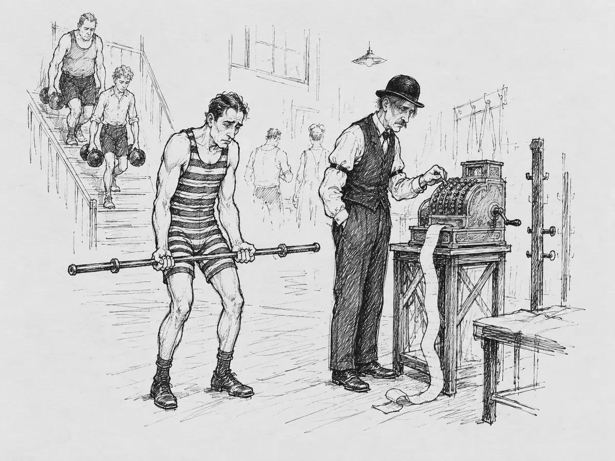 Desenho: um homem magro de malha listrada segura uma barra vazia, com cara de preocupado. Ao lado, um homem de chapéu-coco e bigode registra numa caixa registradora, e um recibo comprido cai até o chão. Ao fundo, duas pessoas descem uma escada carregando halteres.