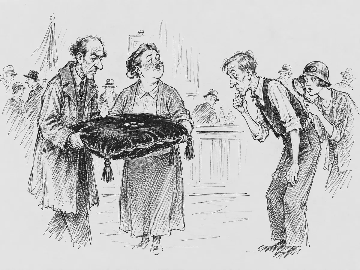 Desenho de um homem de sobretudo e uma mulher de saia comprida carregando solenemente uma grande almofada de veludo com umas moedinhas minúsculas. Um homem magro de colete se inclina e aperta os olhos, com a mão no queixo, e uma jovem de chapéu olha as moedas com uma lupa. Pessoas de chapéu ao fundo.