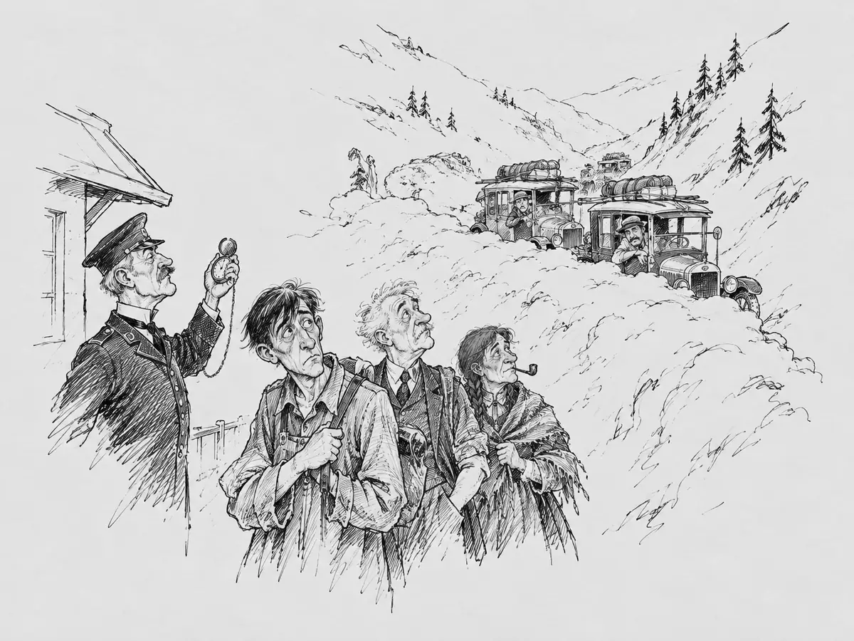 Desenho de um chefe de estação de uniforme segurando um relógio de bolso ao lado de uma pequena estação. À frente dele, três viajantes – um rapaz de cabelo desgrenhado, um senhor de cabelo branco e uma mulher de trança e cachimbo – olham para um grande monte de neve que ocupa a estrada do vale. Atrás da neve há dois carros antigos com bagagem no teto, e os motoristas se inclinam para fora.