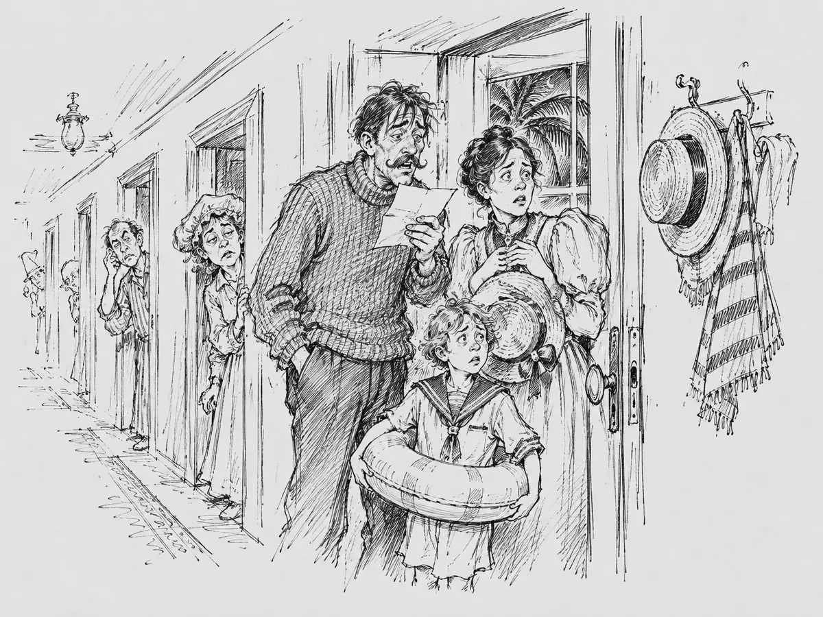Tegning av en hotellkorridor om natta, med palmer i vinduet. En bart mann i strikkegenser leser forskrekket et telegram i en åpen dør, ved siden av en kvinne med solhatt og et barn i matrosdress med badering. Lenger bort i gangen titter søvnige naboer ut av dørene.