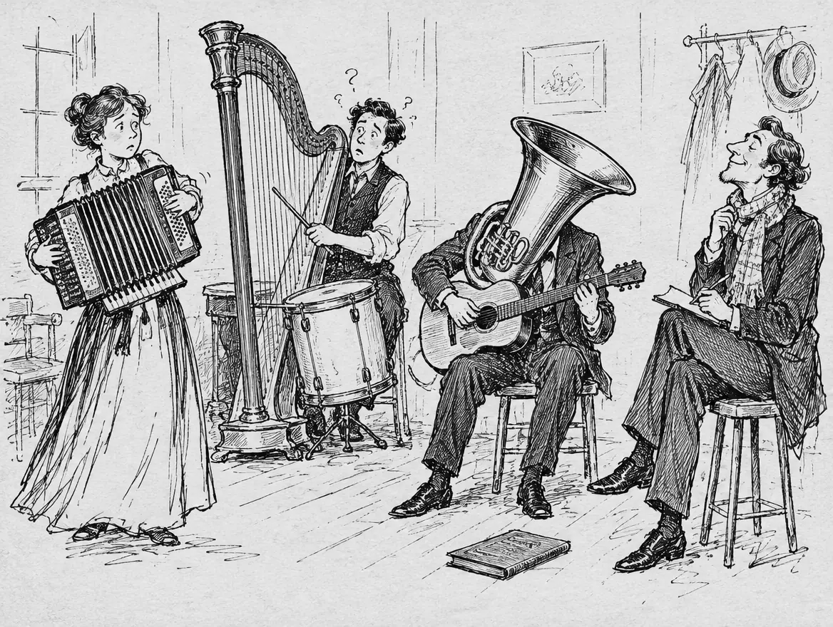 Uma banda numa sala de ensaio: uma mulher com um acordeão, um baterista confuso tocando uma harpa com baquetas e um guitarrista com uma tuba sobre a cabeça, enquanto um crítico de cachecol sentado num banquinho faz anotações encantado