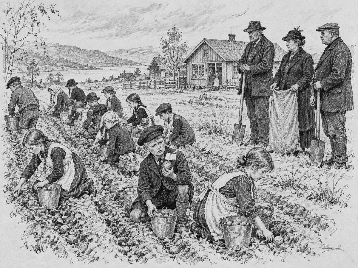 Desenho de crianças com roupas antigas desenterrando batatas em fileiras retas e colocando-as em baldes. Um menino em primeiro plano segura uma batata e parece desconfiado. Na beira da lavoura, dois homens com pás e uma mulher com um saco vazio. Uma pequena venda ao fundo.