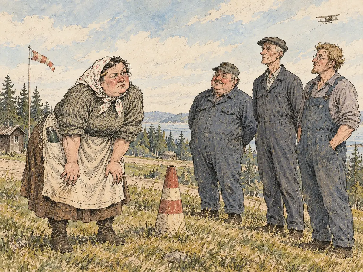 Aquarela de uma mulher ofegante de lenço na cabeça e garrafa térmica no bolso do avental, num campo gramado perto de um aeródromo. Ao lado dela estão um cone de trânsito e três homens de macacão, e um pequeno avião a hélice se afasta lá no alto.