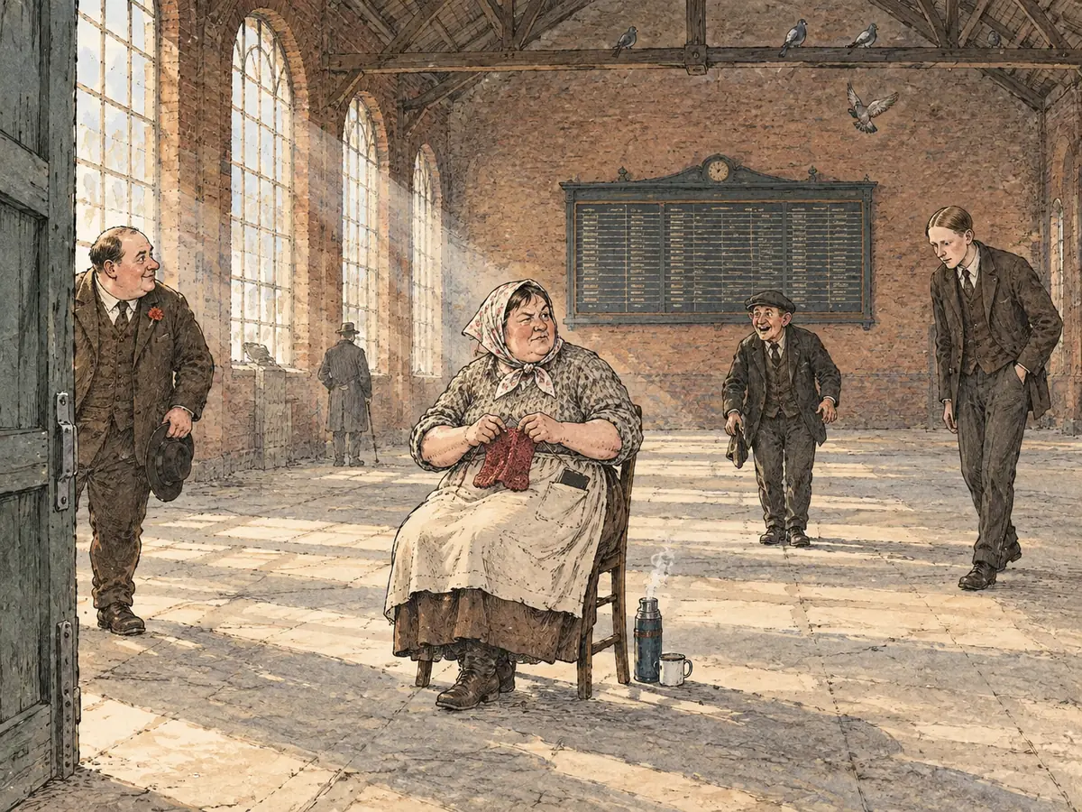Aquarela de um grande galpão de tijolos com janelas altas em arco e um quadro de horários na parede. No meio do chão, uma mulher satisfeita de lenço na cabeça tricota sentada numa cadeira de madeira, com garrafa térmica e xícara ao lado. Alguns homens de terno passeiam pelo galpão, e há pombos nas vigas.