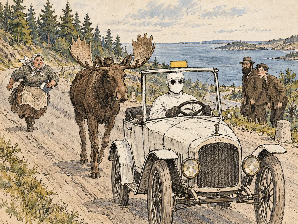 Aquarela de um carro antigo branco e aberto, com uma placa amarela no teto, numa estrada costeira entre pinheiros. O motorista usa capacete branco, máscara branca e óculos redondos. Um alce enorme caminha tranquilo logo atrás do carro, uma mulher ofegante de lenço na cabeça e bloquinho corre atrás, e dois homens observam da beira da estrada com o chapéu na mão.